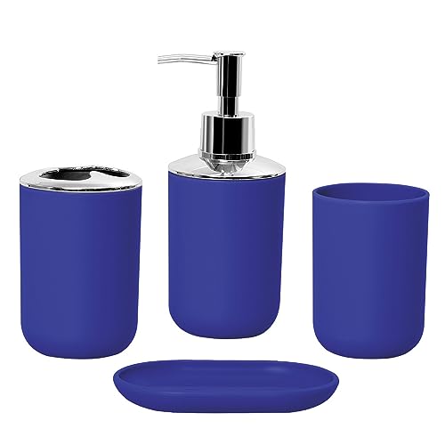 Hosoncovy Lot de 4 accessoires de salle de bain avec distributeur de savon, gobelet de salle de bain, porte-savon, porte-brosse à dents et dentifrice (Bleu)