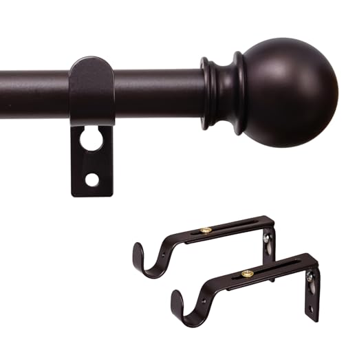 Curtain Rods for Windows 28 to 48 Inch, 5/8 Inch Heavy Duty Decorative Curtain Rod with Ball End Caps, Adjustable Brackets. Easy to install. Brown.