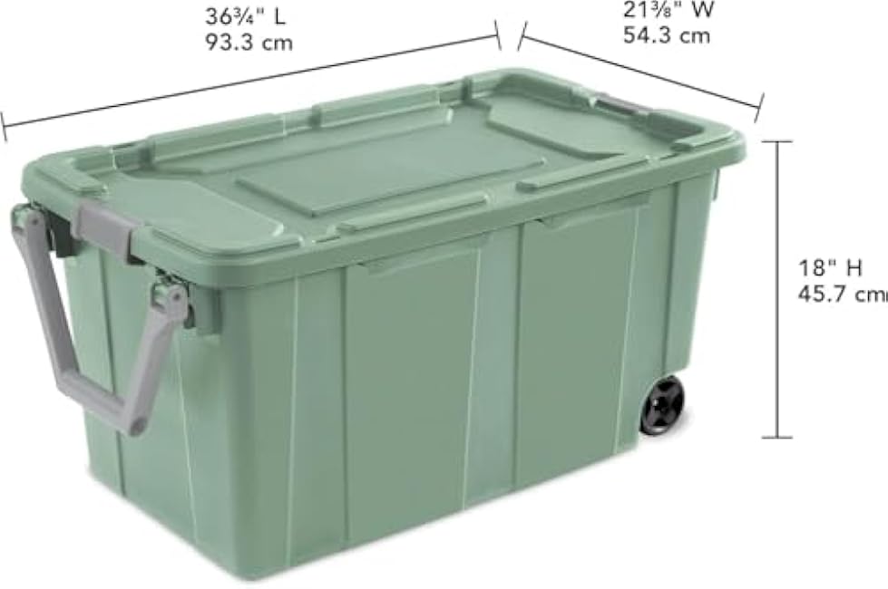 Storage Bin 40 Gallon 160 Qt Wheeled Industrial Tote Plastic Rolling Stacker Storage Box, Tough Lidded Stackable Storage Container for Home, Garage, and Camping Green Sage Base and Lid 2-pack