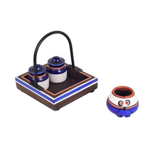 Image of Aakriti Art Creations Flavor Harmony Blue Tray Set with Ceramic Salt & Teak Wood | Handcrafted Abstract Art Kitchen & Dining Organizer Set | Matte & Glossy Finish Salt Pepper with Toothpick Holder
