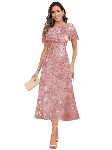 Mother of The Bride Dresses - Sequin Crew Neck Tea Length Formal Evening Dresses for Women4