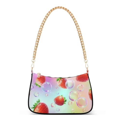 Strawberry Bubbles Pastel Pink Tote Handbag Womens Colorful Shoulder Bag Evening Bags Purse Zipper Closure Chain Strap