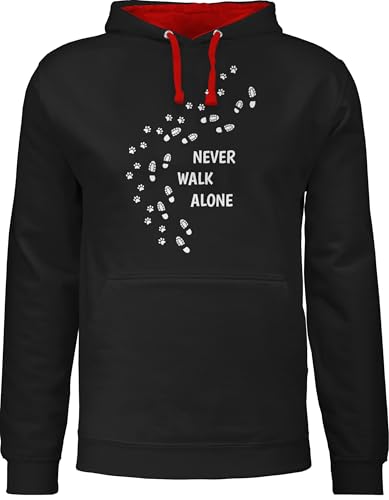 Pullover Herren Frauen Hoodie Kontrast zweifarbig - Geschenk für Hundebesitzer - Never walk alone Pfotenabdrücke - XL - Schwarz/Rot - klamotten mit hundepfoten damen hoody hund hundefan gassi