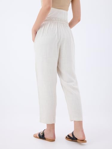 Image of MomToBe Maternity Trousers for Women | Linen Pants with Over-Bump Support, Drawstring & Pockets | Relaxed Fit
