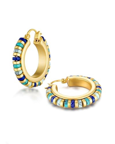 Large Gold Teal Blue Beads Natural Stone Dangling Hoop Huggie Statement Earrings for Women, Colorful Preppy Retro Bold Handmade Exaggerated Bohemian Turquoise Jewelry Gifts, Vintage Unique Cute Baroque Dangly Drop Summer Beach Fashion Nickle Free Gemstone Rhinestone Earrings Accessories