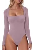 QINSEN Purple Bodysuit for Women Sexy Square Neck Long Sleeve Slimming Shirt Tops S