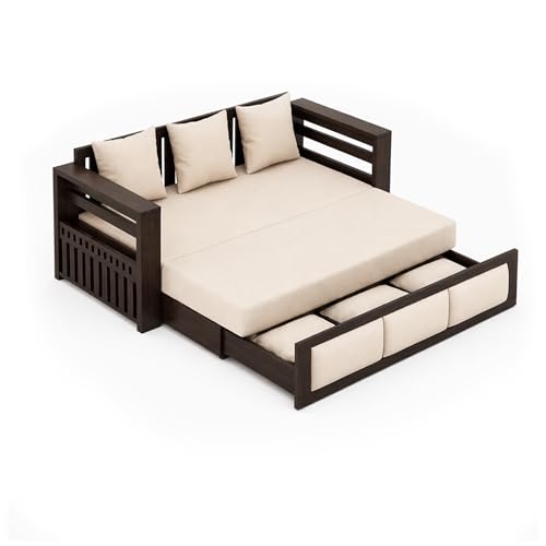 Image of SONA ART & CRAFTS Zeus Sheesham Wood 3 Seater Sofa Cum Bed with Bedside | Wooden 3 Seater Sofa for Living Room Wooden Furniture Sofa Bed for Home (Walnut Finish)