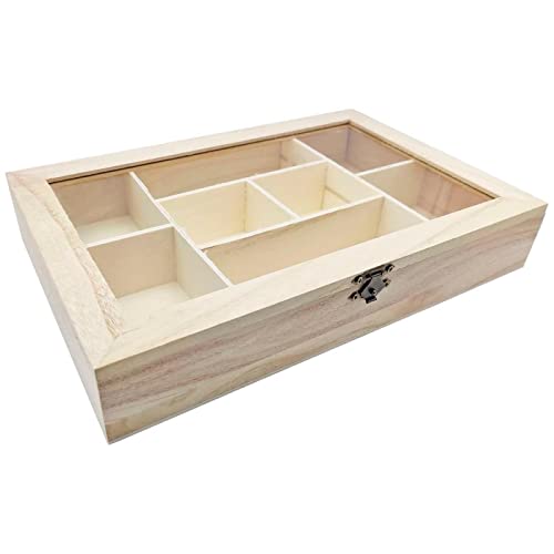 Acan Tradineur - Caja de Madera, 8 Compartimentos, Tapa de Cristal, Expositor Joyas, Organizador, joyero, Collares, brazaletes, Pendientes, Relojes, 5 x 29,6 x 20 cm