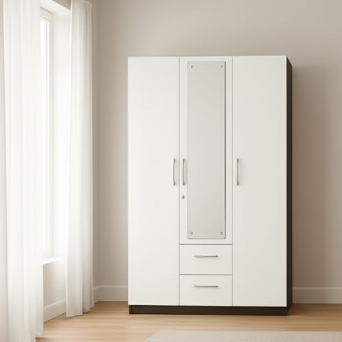 Image of AAVATAR 3 Door Wooden Wardrobe with Mirror & Drawers | White & Walnut Finish Almirah for Bedroom | Engineered Wood Cupboard with Lockable Doors, Spacious Storage Shelves (75 x 44 x 19 Inch)