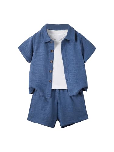 Image of SweatyRocks Boy's 2 Piece Summer Vacation Outfits Short Sleeve Collar Button Down Shirt and Shorts Clothing Set