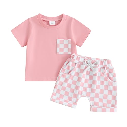 Image of Karuedoo Baby Boy Girl Summer Outfits Checkered Plaid Short Sleeve T-Shirt Top Shorts Set Trendy Toddler Checkerboard Outfit