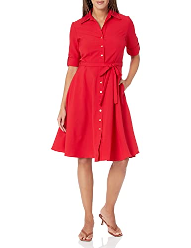 Image of Sharagano Women's Pleated Shirt Dress - 3 /4 Sleeve, V-Neck, Gold Buttons