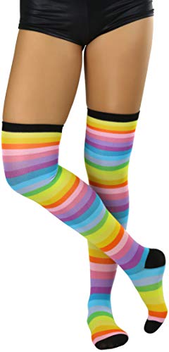 Image of ToBeInStyle Women's Bright Vibrant Rainbow Striped Thigh High Rave Stockings