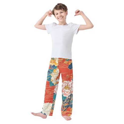 Peony Florals Boys Long Pants Soft Trousers Elastic Waist Kids Lounge Bottoms with Pockets S-XL3