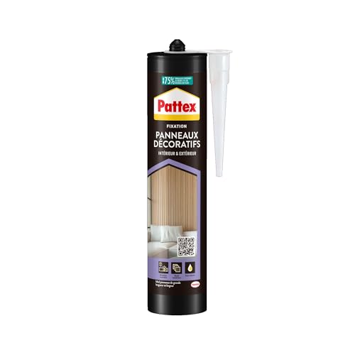 Pattex Colle Fixation Panneaux Décoratifs (cartouche 470 g) – fixation multi-matériaux, résistante ultra forte