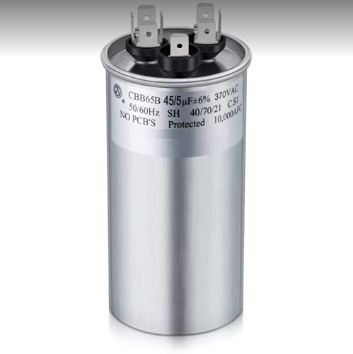 45 + 5 uf mfd 370 Volt Round Air Conditioner Capacitor Motor Replacement for Tempstar Model # n2h330akb200, Gsc130481cc Capacitor, 24DB400B370PA, Model LR79596 5% 350/370v 50/60Hz