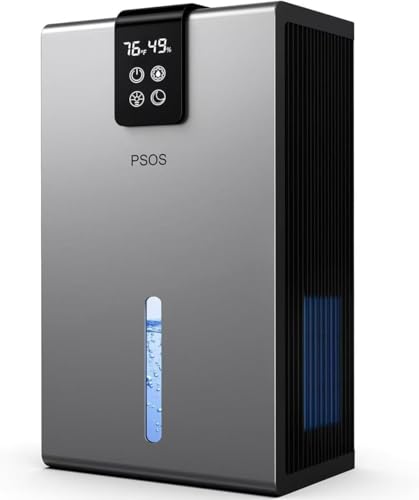 PSOS Dehumidifier, Dehumidifiers for Home, 98 OZ Water Tank, (1000 sq.ft) Quiet Dehumidifier for Basement Bathroom Bedroom with Humidity Display, Auto Shut Off, Relaxing 7 Color Ambient Light(Gray)