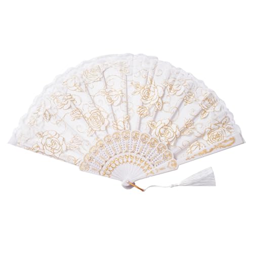 Sepwedd 30pcs White Rose Lace Floral Folding Hand Fans Chinese Retro Folding Fan Bridal Dancing Props Church Wedding Party Favors with Organza Bags