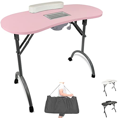 Beltom® TAVOLO MANICURE PROFESSIONALE PIEGHEVOLE CON ASPIRATORE, CUSCINO POGGIAPOLSI E BORSA - PESA SOLO 12 KG - DIMENSIONI 98x44x77 CM - RICOSTRUZIONE UNGHIE ESTETISTA NAIL ART ONICOTECNICA - Rosa