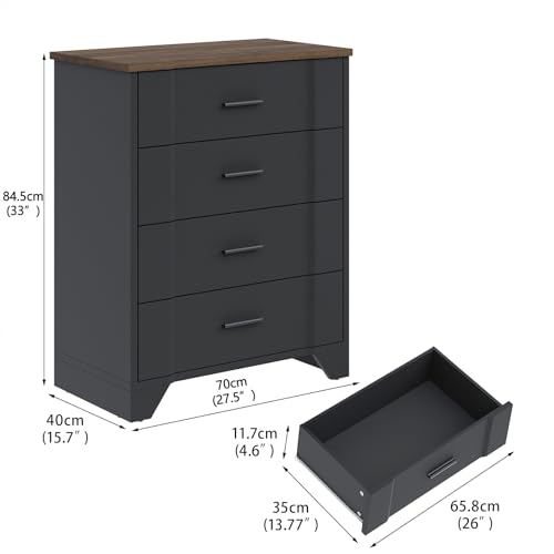 Black Farmhouse 4 Drawers Dresser with Deep Organizer & Smooth Rail