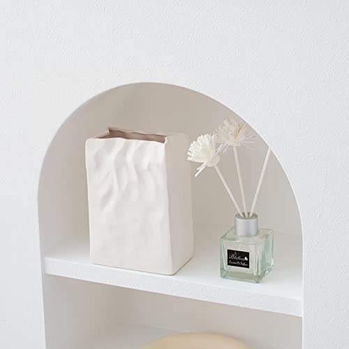 Levvohd White Crinkle Paper Bag Ceramic Vase, Unique Square Wide Mouth Pleated Small Vases, Minimalist Boho Vase For Modern Trendy Home Dining Room Table Centerpiece Decor (L3.9 In X H5.5 In) #TOP6