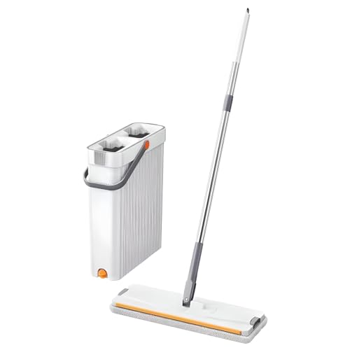 Image of Flat Mop Set with Dual-Chamber Bucket | Wet & Dry Mopping | 360 Rotating Microfiber Head | Hands-Free Wringing | Lightweight ABS for Tile, Marble, Wooden & Laminate Floors