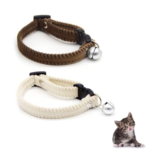 XHZaoan Furry Breakaway Cat Collar with Bell Adjustable 16-25cm Kitten Collar - Cat Collar with Bell Furry Breakaway Collar for All Types of Cats and Small Dogs (White&Brown) (S)