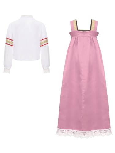 Child Girls Russian Ethnic Performance Dress Embroidered Blouse with Overalls and Headpiece White&Pink 14 Years4