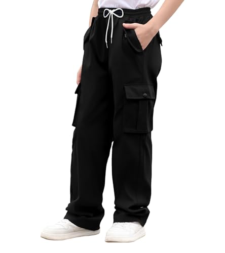 Boys Cargo Pants Wide Leg Pants Teen Kids Drawstring Straight Trousers with Pockets Size 7-142