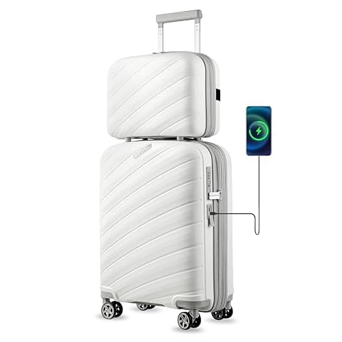 LUGGEX Carry On Luggage with USB Port, PP Lightweight Suitcase with Cosmetic Case, TSA Approved Luggage with Spinner Wheels (White, 14/20)