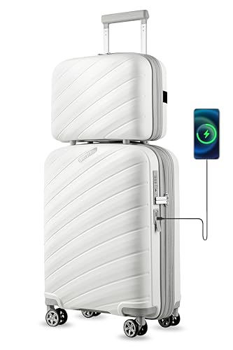 LUGGEX Carry On Luggage with USB Port, PP Lightweight Suitcase with Cosmetic Case, TSA Approved Luggage with Spinner Wheels (White, 14/20)