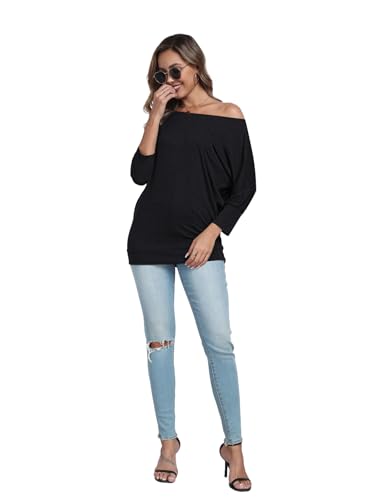 Poetsky Womens 3/4 Sleeve Shirts Sexy Off Shoulder Ruched Tops Loose Fitting Blouses4