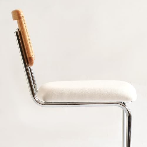Natural Rattan Counter Height Stools Set of 2 with Solid Wood Back, 24 Inch Mid Century Modern Cesca Bar Stools, White Upholstery Boho Stool for Kitchen Counter with Chrome Metal Legs
