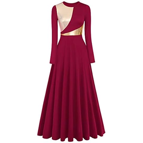 AFAVOM Liturgical Praise Dance Worship Long Dress for Women Metallic Gold Color Block Loose Fit Full Length Church Dancewear Long Sleeves Robe Dance Dress Ruffle Tunic Circle Skirt Wine Red M Cover