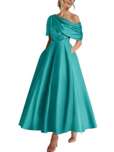 Ouyisha Satin Mother of The Bride Dresses for Wedding One Shoulder Tea Length A Line Pleated Simple Formal Wedding Guest Dress Turquoise 8