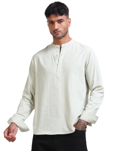 Image of StitchX Men's Seersucker Band Collar Pure Cotton Striped Kurta Shirt-S-2XL
