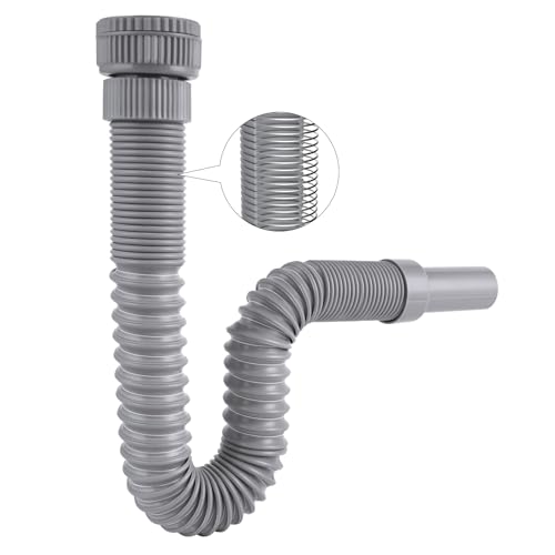 Hibbent Sifon Lavabo, Universal de G1-1/4” ó G1-1/2” (≈40 & 45mm), Sifón Lavabo Flexible Inodoro con Alambre de Acero Incrustado, y Salida de 32 mm, Para Lavabo de Cocina y Baño, Gris