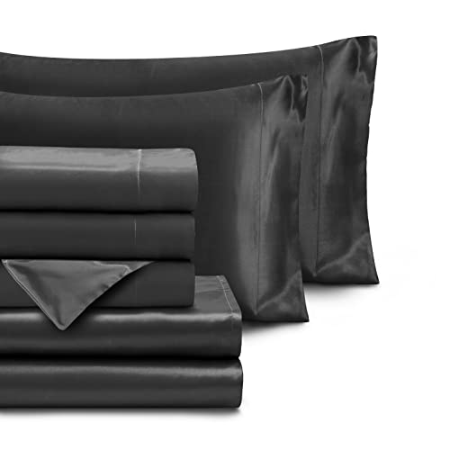 Homiest 7pcs Satin Sheets King Size Bed Set Satin Sheet Set, Black Bed Sheets Luxury Silky Satin Bedding Set, 1 Deep Pocket Fitted Sheet, 1 Soft Flat Sheet, 4 Pillowcases, 1 Body Pillowcase