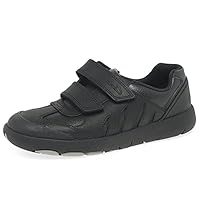 Clarks Boy's Rex Stride Black Leather School Shoes | Riptape Fastening | Dino Inspired | Toe Bumper | Wide Fit Available, Black, 2.5 UK Child