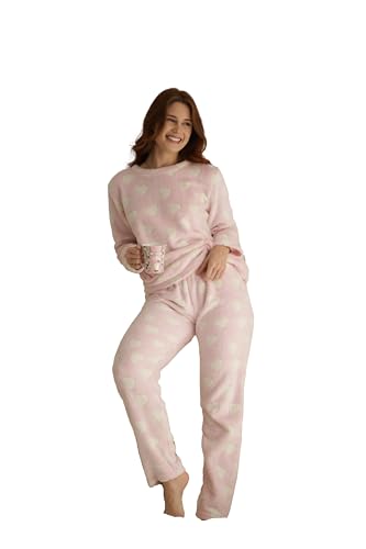 Pijama Feminino Longo de Inverno, Fleece Peludinho, Ted, Fechado (Coração Rosa Bebe, G)