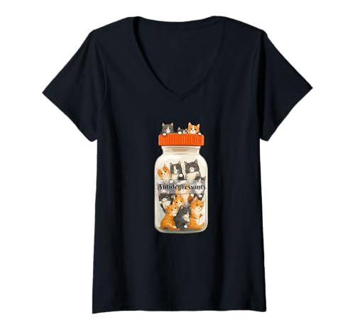 Mujer Cat Lover Cat Prescription Antidepressants Pill Bottle Happy Camiseta Cuello V