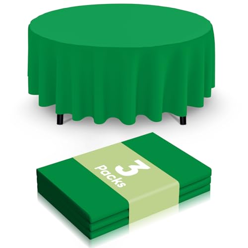 Image of Smiry Disposable Table Cloth 3 Pack, 84 Inch Round Waterproof Plastic Tablecloth, Decorative Round Table Covers for Party, Birthday, Picnic, Green