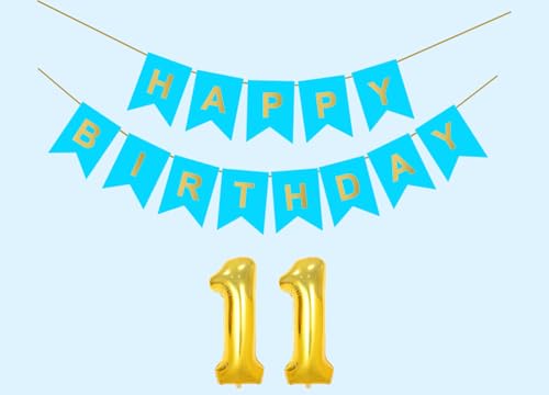 Image of Mystic Toy Store 11th Sky Blue Happy Birthday Decoration Kit for 11 year Old Boys Girls Teenage with Number Eleven Party Decorations Decor Celebration Items Item Set Combo Reusable Paper Banner