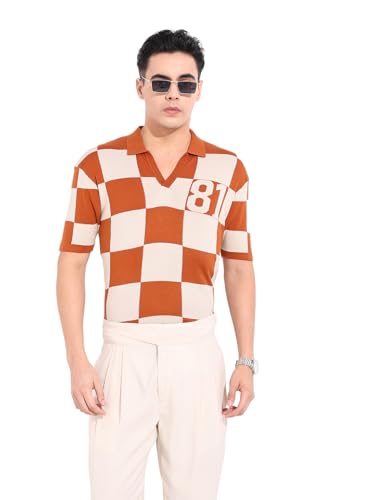T-shirt polo homme orange oversize manches mi-longues en maille tricot plat texturé