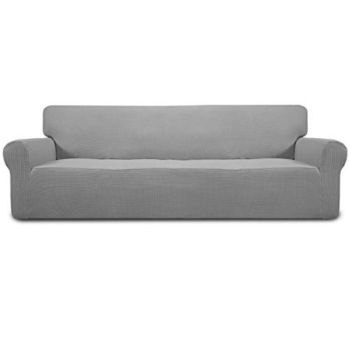 Image of Easy-Going Stretch 4 Seater Sofa Slipcover 1-Piece Sofa Cover Furniture Protector Couch Soft with Elastic Bottom for Kids, Polyester Spandex Jacquard Fabric Small Checks Light Gray