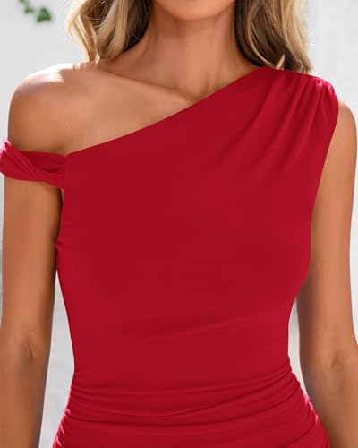 Image of BTFBM Women Formal Cocktail Dresses Summer 2026 One Shoulder Twist Strap Ruched Bodycon Elegant Wedding Party Maxi Dress