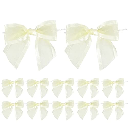 Aimudi Pre Tied Ivory Twist Tie Bows For Treat Bags 4" Premade Ivory Bows For Crafts Ivory Bows For Wedding Decor Gift Wrapping Baby Shower Party Favor Cake Pops Candy Apples - 12 Counts #TOP16
