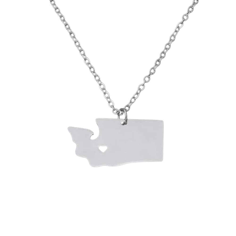 Art AttackStainless Steel I Love Washington Necklace, Evergreen State Heart Map Pendant (Silver)