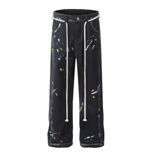 Jeans Pants Trousers Denim Retro Trendy Street Spray Paint Dot Painting Personalized Casual Black Straight Leg for Men2