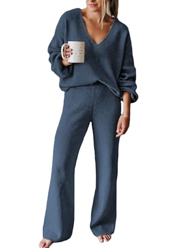 Fixmatti Women 2 Piece Knit Set Long Sleeve Pullover Sweater Top Wide Leg Pant Sweatsuit Outfits